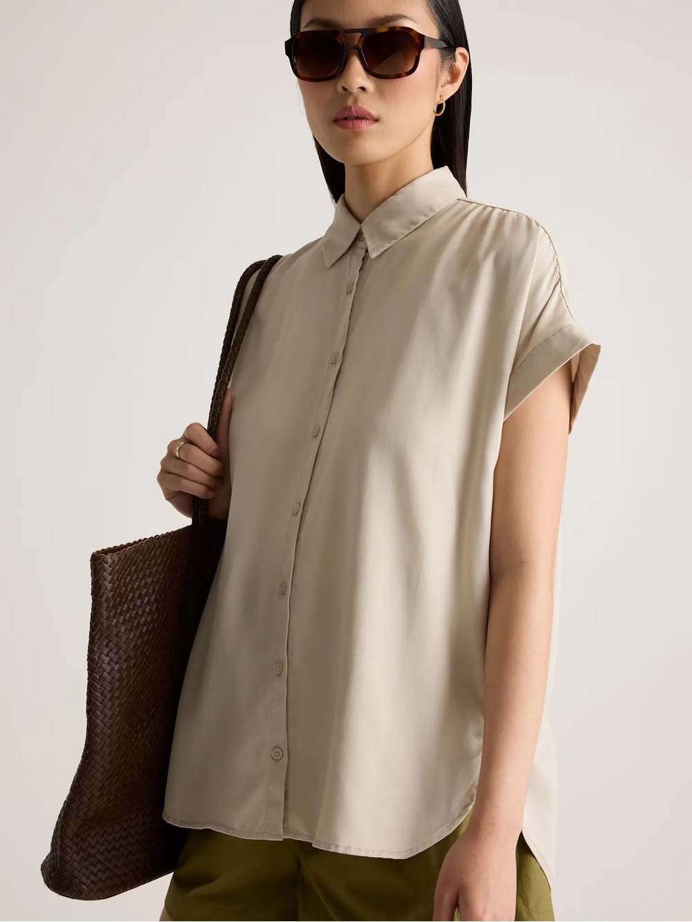Quince Top Vintage Wash Tencel Camp Shirt Beige Oversized Relaxed Size large